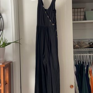 tank top romper, long pants, buttons